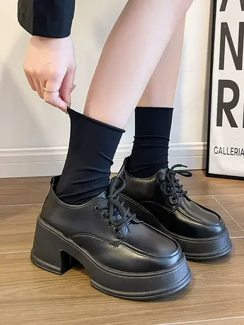 英伦风大头厚底小皮鞋女2023年春秋季新款黑色松糕日系jk高跟单鞋图片