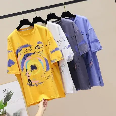 夏季短袖t恤女大版宽松满身印花卡通中长款百搭大码洋气半袖体恤商品大图