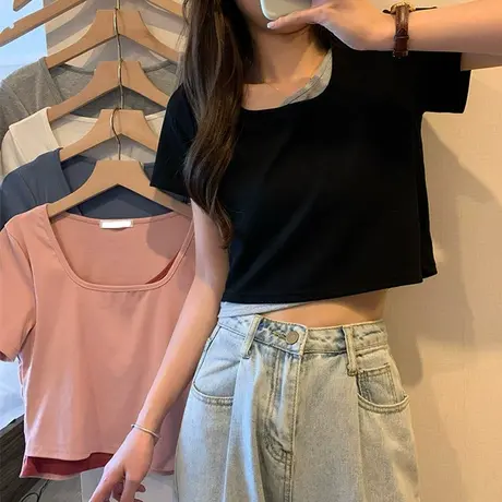设计感假两件短袖T恤女夏装网红ins潮小众短款高腰露脐修身上衣服图片