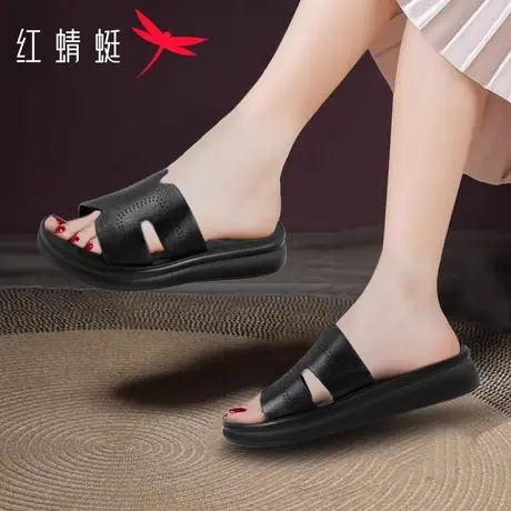 红蜻蜓凉鞋女2025夏季防滑软底外穿休闲一字拖真皮百搭舒适凉拖鞋商品大图
