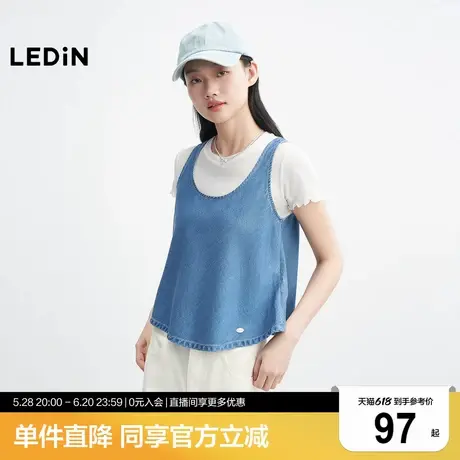 乐町时髦感宽肩吊带牛仔上衣2025年夏季新款U领清爽俏皮A摆小衫商品大图