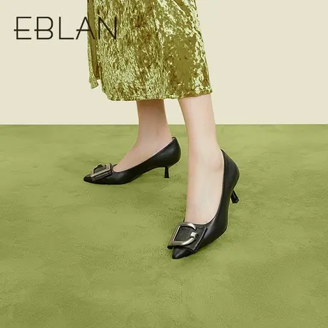 伊伴春季女鞋气质百搭舒适职场鞋尖头舒适单鞋羊皮革高跟鞋羊反绒图片