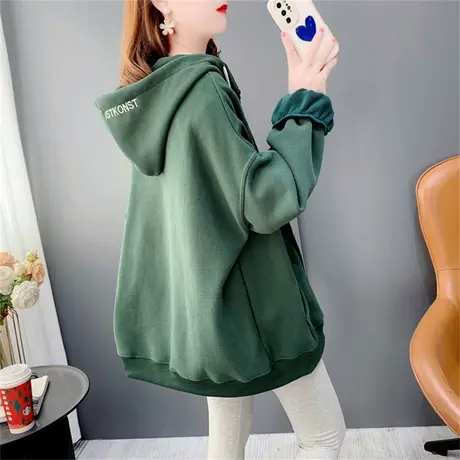 加绒加厚休闲连帽卫衣开衫女2022新款秋冬宽松慵懒风百搭上衣外套图片