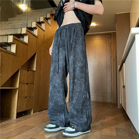 树皮纹扎染冰丝裤子男夏季薄款透气速干弯刀阔腿裤美式复古休闲裤商品大图