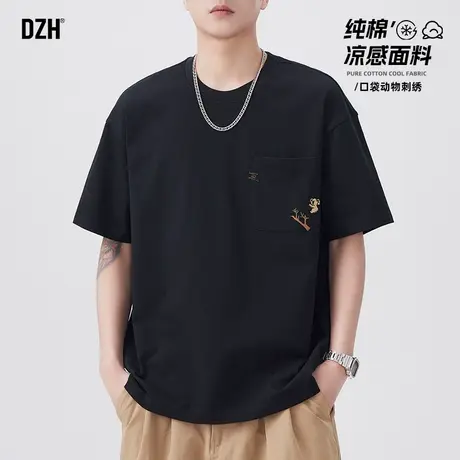 男士黑色刺绣短袖男夏季纯棉t恤凉感上衣五分袖半袖2025新款男装商品大图