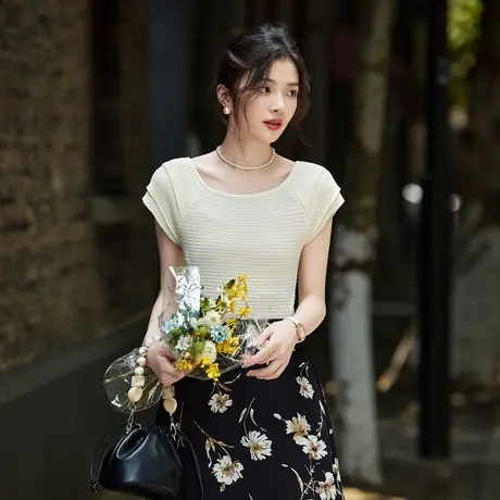 时尚气质针织衫2024年夏季新款女圆领显瘦修身纯色简约短袖上衣图片
