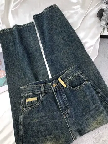 韩版复古做旧牛仔阔腿裤2023秋季新款显瘦百搭高腰宽松休闲直筒裤商品大图