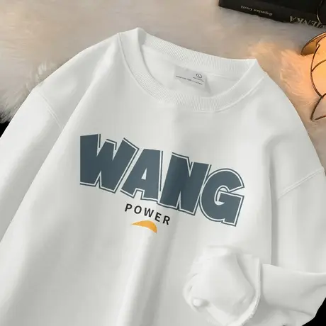 320g重磅卫衣男2023新款圆领无帽长袖t恤秋冬加绒加厚白色上衣服商品大图