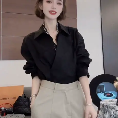韩系设计感不规则条纹衬衫女2025早秋新款宽松显瘦百搭小个子上衣商品大图