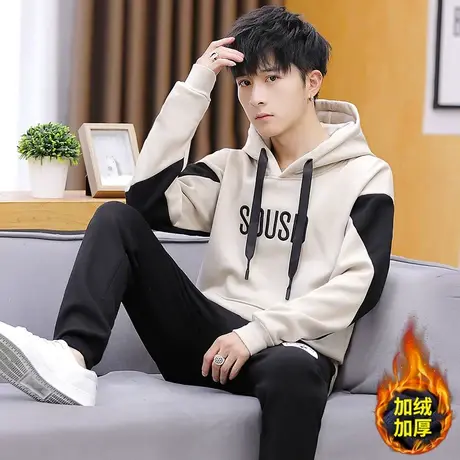 秋冬季青少年加绒加厚卫衣男士潮流外套高中初中学生套装帅气秋装商品大图