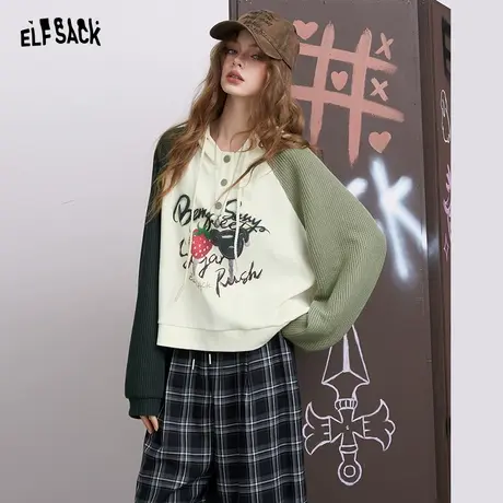 妖精的口袋撞色插肩草莓印花圆领卫衣女2025年新款小个子短款上衣商品大图