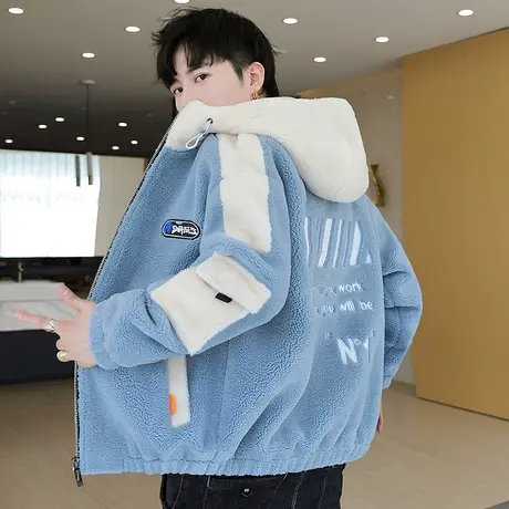 冬季连帽颗粒绒男士棉衣外套2023新款羊羔毛休闲潮流帅气加厚棉服商品大图