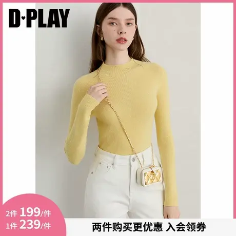 DPLAY2025秋季新款黄色针织衫女独特亮丝设计羊毛打底衫长袖上衣图片