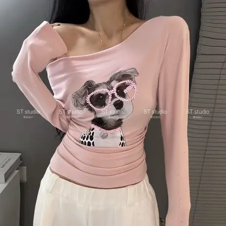 2025秋季新款美式修身显瘦辣妹卡通头像印花斜肩长袖T恤女上衣潮商品大图