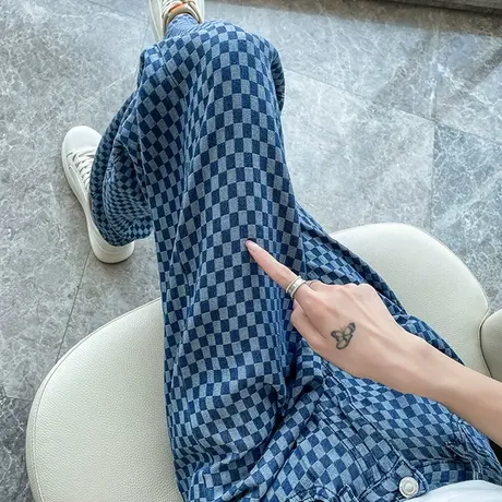 天丝棋盘格阔腿裤女2023年春夏薄款高腰窄版宽松显瘦小个子直筒裤图片