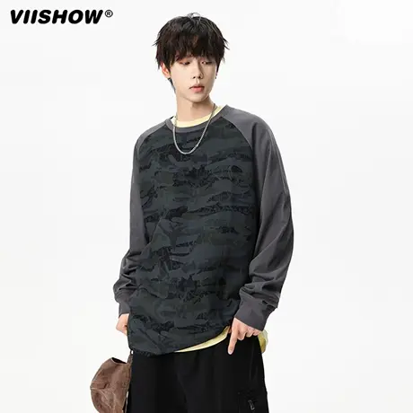 VIISHOW插肩袖圆领T恤男秋款美式迷彩长袖打底上衣男士宽松体恤衫商品大图