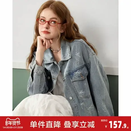 唐狮2026新款春秋季女薄外套百搭高级感甜酷风蝴蝶结满印牛仔外套图片