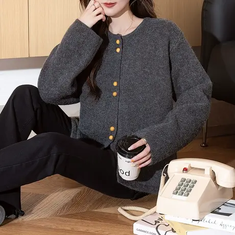 唐狮秋冬毛衣开衫女气质简约百搭圆领针织外套春秋高级感显瘦tuTA商品大图