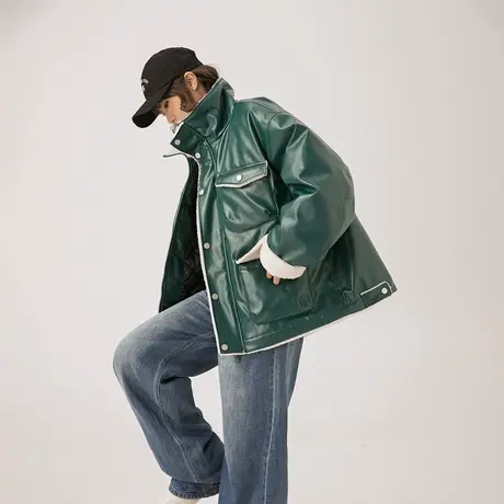 绿色PU皮棉服女冬季羊羔毛外套2023新款潮牌复古宽松oversize棉衣图片
