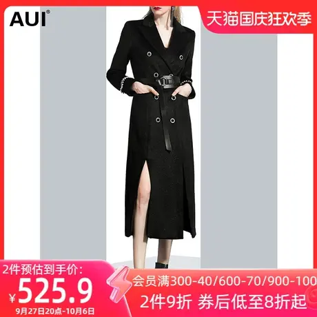 aui黑色气质毛呢大衣女长款过膝2023秋冬新款欧洲站时尚呢子外套图片