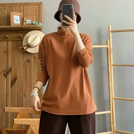 dza 复古条纹高领T恤女秋冬洋气内搭打底衫宽松休闲显瘦长袖上衣商品大图