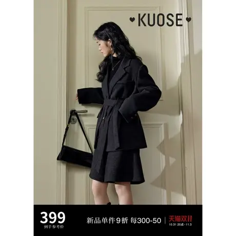 阔色假两件西装厚外套女2023秋冬季新款黑灰色宽松西服上衣商品大图