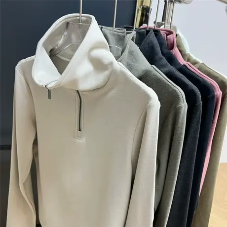 双面德绒半拉链高领上衣女2023年秋冬季加绒加厚保暖打底衫上衣潮商品大图