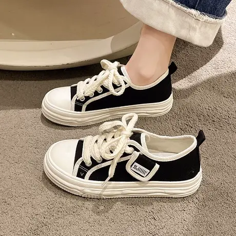 网红小香风帆布女鞋2023夏季新款百搭溶解平底小白鞋休闲运动板鞋商品大图