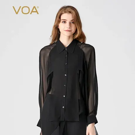 VOA桑蚕丝乔其纱黑色翻领衬衫袖单排扣活页百搭休闲直筒真丝衬衫图片