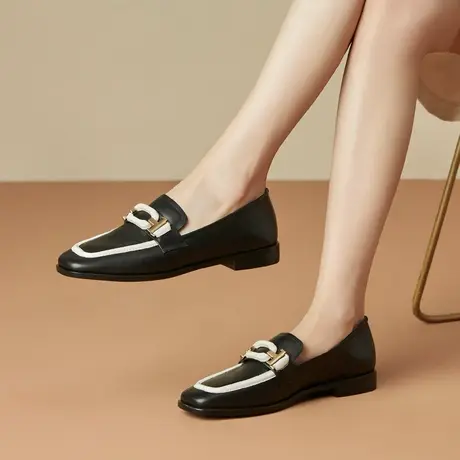 法式复古金属扣乐福鞋女休闲一脚蹬真皮单鞋英伦风百搭软底豆豆鞋图片
