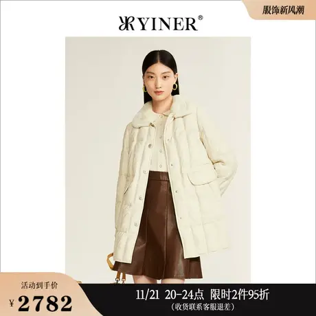 YINER音儿专选女装冬季优雅中长款保暖獭兔毛领真皮羽绒服商品大图