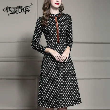 【1件7.9折】冬装新品时尚提花连衣裙简约修身中长款收腰A字裙商品大图