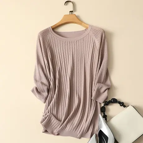 冰丝针织衫女套头短款打底衫七分袖宽松圆领上衣春季装短袖t恤女商品大图