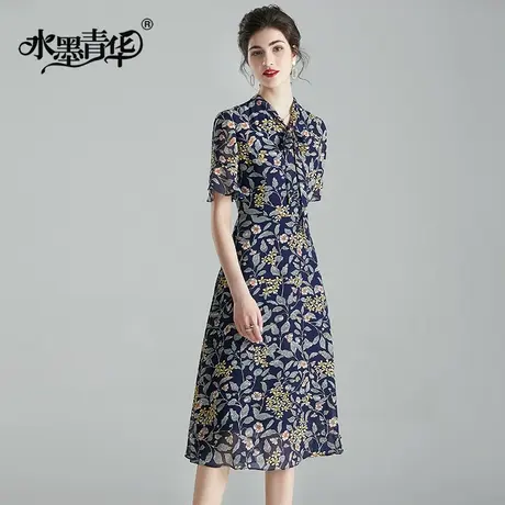 【1件7.9折】夏装新品短袖女装时尚印花裙修身中长款雪纺连衣裙商品大图