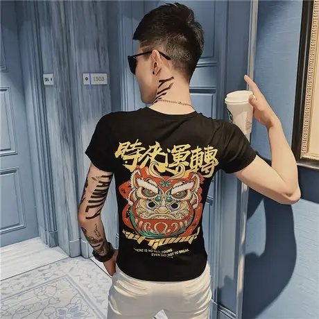 夏季男士t恤上衣短袖修身半袖潮流网红潮牌ins个性体恤紧身打底衫商品大图