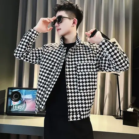 春秋季机车翻领夹克2023新款男装上衣痞帅气潮牌菱形格设计感外套商品大图