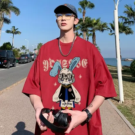 短袖t恤男夏季2024新款潮牌纯棉卡通印花ins宽松上衣港风五分体恤商品大图