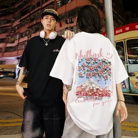 Nuthink情侣装短袖男潮大码加肥加大日系宽松情侣t恤夏季国潮半袖商品大图