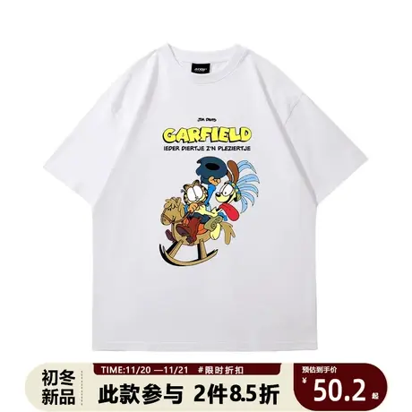 美式复古卡通加菲乌迪纯棉男女短袖t恤2023新款韩版宽松学生半袖商品大图