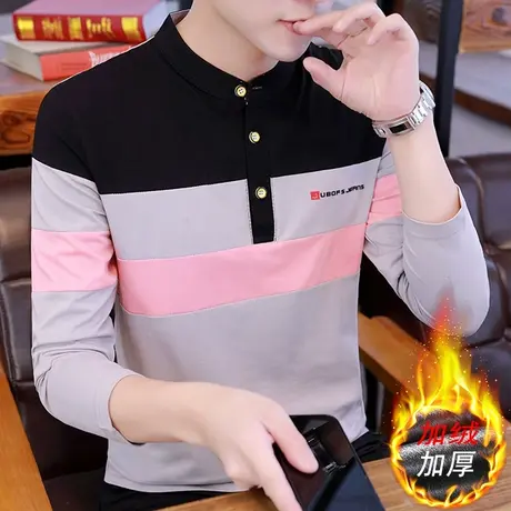 冬季拼接撞色加绒加厚男立领长袖T恤韩版潮流印花保暖内搭打底衫商品大图