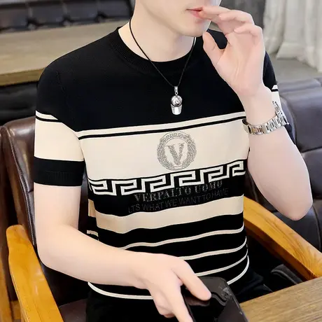 欧洲站潮牌美式烫钻个性短袖t恤设计感男款冰丝凉感痞帅夏装半袖商品大图