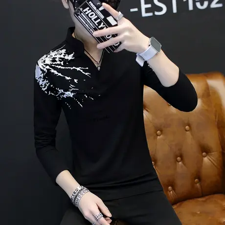 男士新款长袖T恤秋季青年印花V领体桖男款薄款打底衫学生上衣潮流商品大图