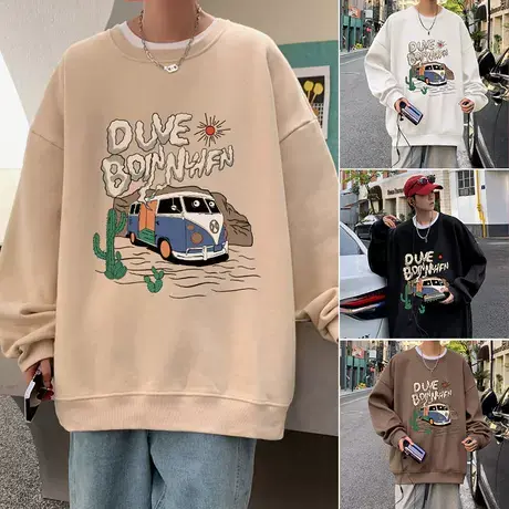 ins潮牌宽松套头圆领卫衣男春秋季港风印花vintage长袖情侣上衣服图片