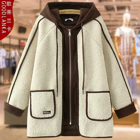 大码中年胖妈妈秋冬加厚羊羔绒大衣女宽松时尚假两件连帽棉衣外套商品大图