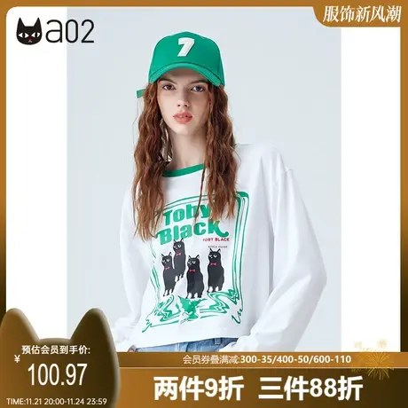 a02长袖T恤女秋新款原创潮牌甜酷撞色猫咪印花短T恤百搭上衣商品大图