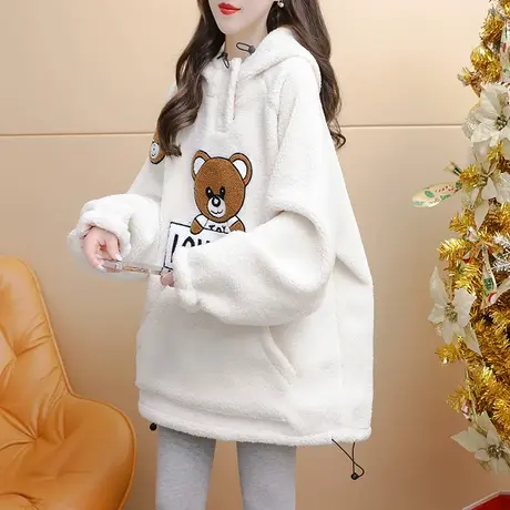 加绒加厚两穿连帽工装外套女2024新款早春季宽松慵懒风羊羔毛开衫图片