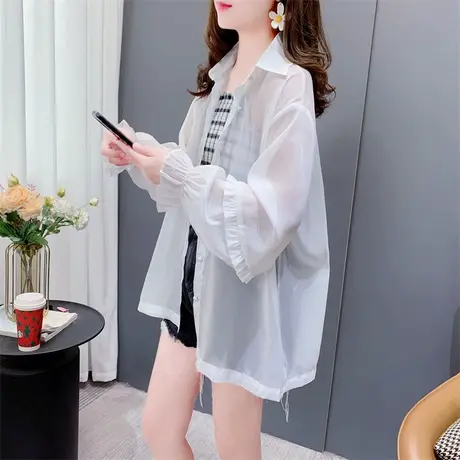 温柔风透视防晒衬衫女夏季2023新款宽松设计感泡泡袖时尚上衣外套商品大图