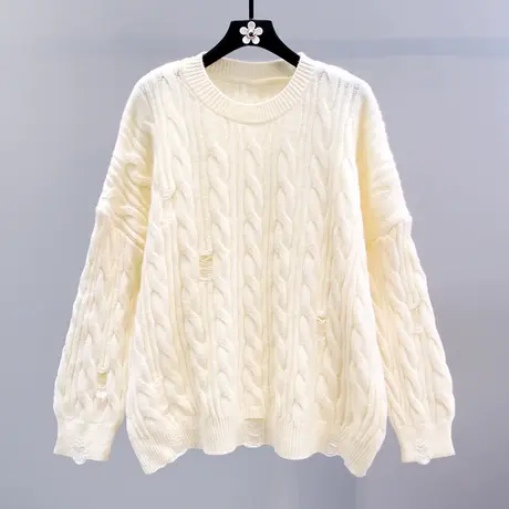 慵懒风破洞麻花毛衣女秋冬2023新款宽松设计感圆领中长款针织上衣图片
