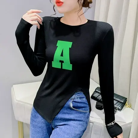 网红黑色打底衫女秋装新款不规则收腰百搭上衣气质修身T恤长袖潮商品大图
