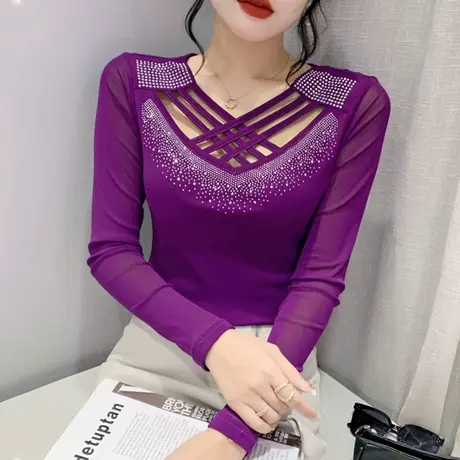 网纱交叉V领T恤女长袖洋气百搭性感镂空上衣气质加绒打底衫春秋款图片